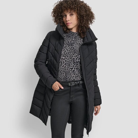 NEW DKNY Stretch Packable Longline Quilted Jacket Black Small - Picture 1 of 10